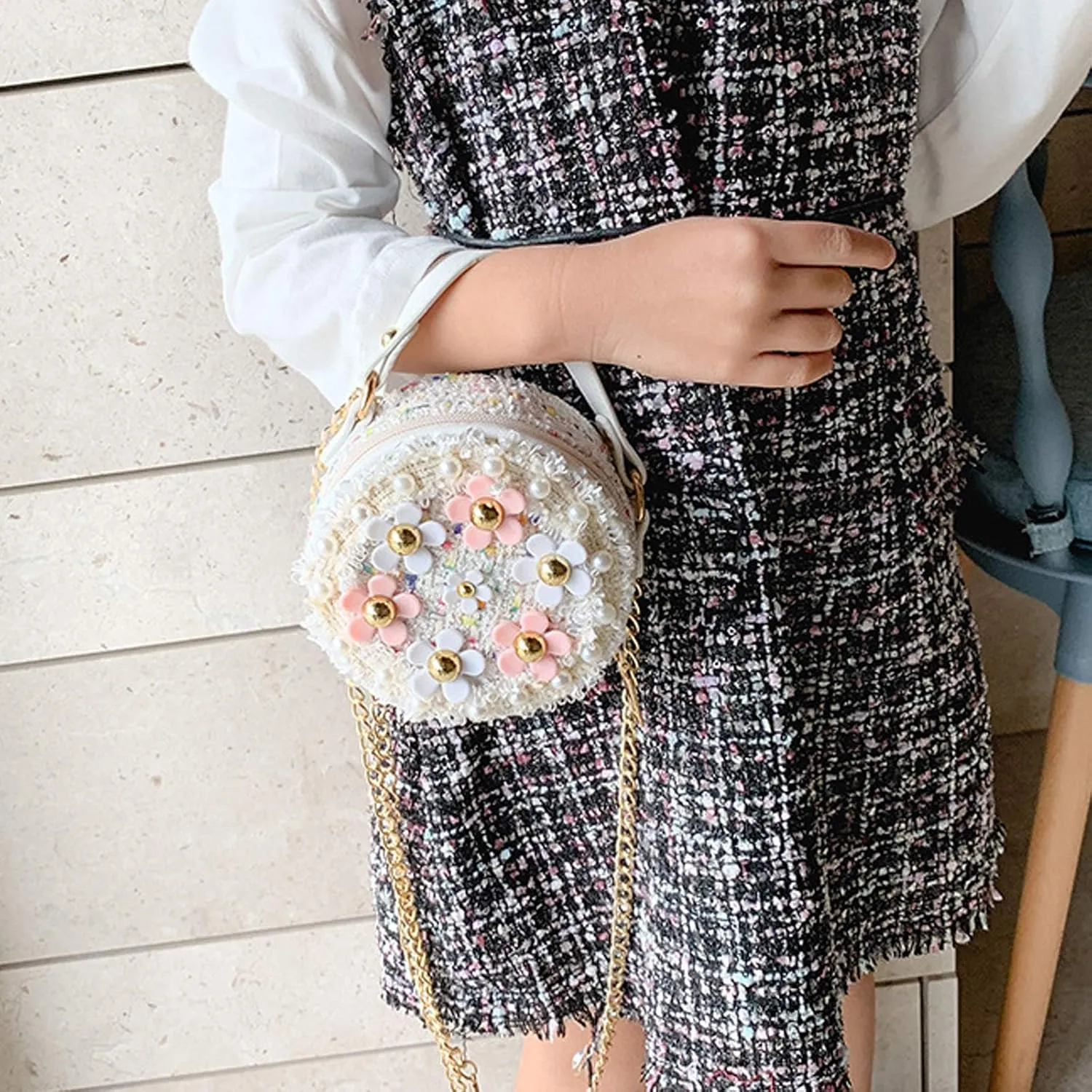 Forwe Little Girls Toddler Crossbody Purse with Pearl Flowers Mini Cute Princess Handbags Shoulder Chain Bag