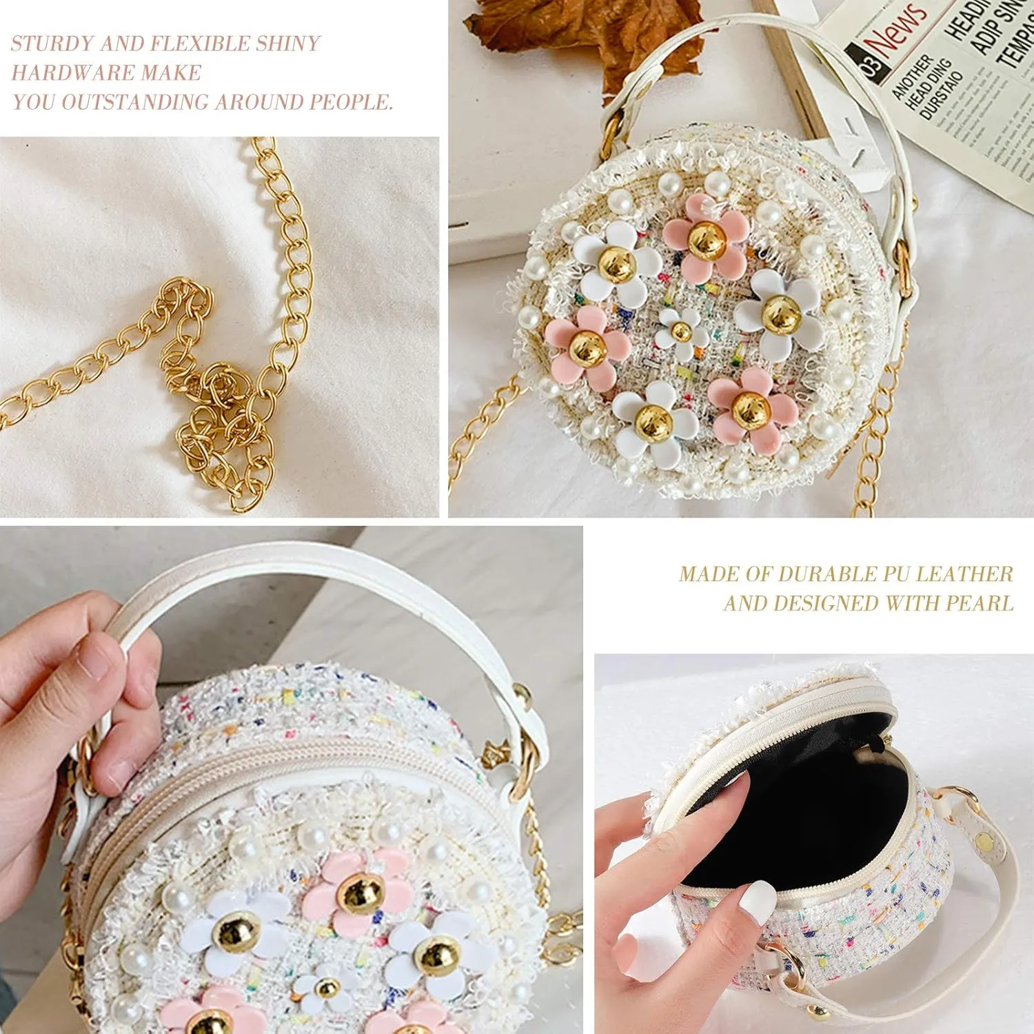 Forwe Little Girls Toddler Crossbody Purse with Pearl Flowers Mini Cute Princess Handbags Shoulder Chain Bag