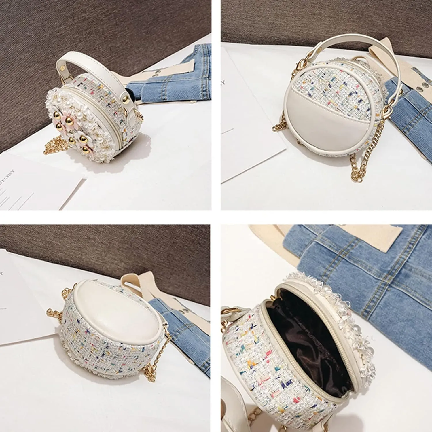 Forwe Little Girls Toddler Crossbody Purse with Pearl Flowers Mini Cute Princess Handbags Shoulder Chain Bag