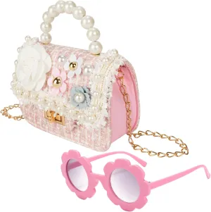 Forwe Little Girls Toddler Crossbody Purse with Pearl Flowers Mini Cute Princess Handbags Shoulder Chain Bag