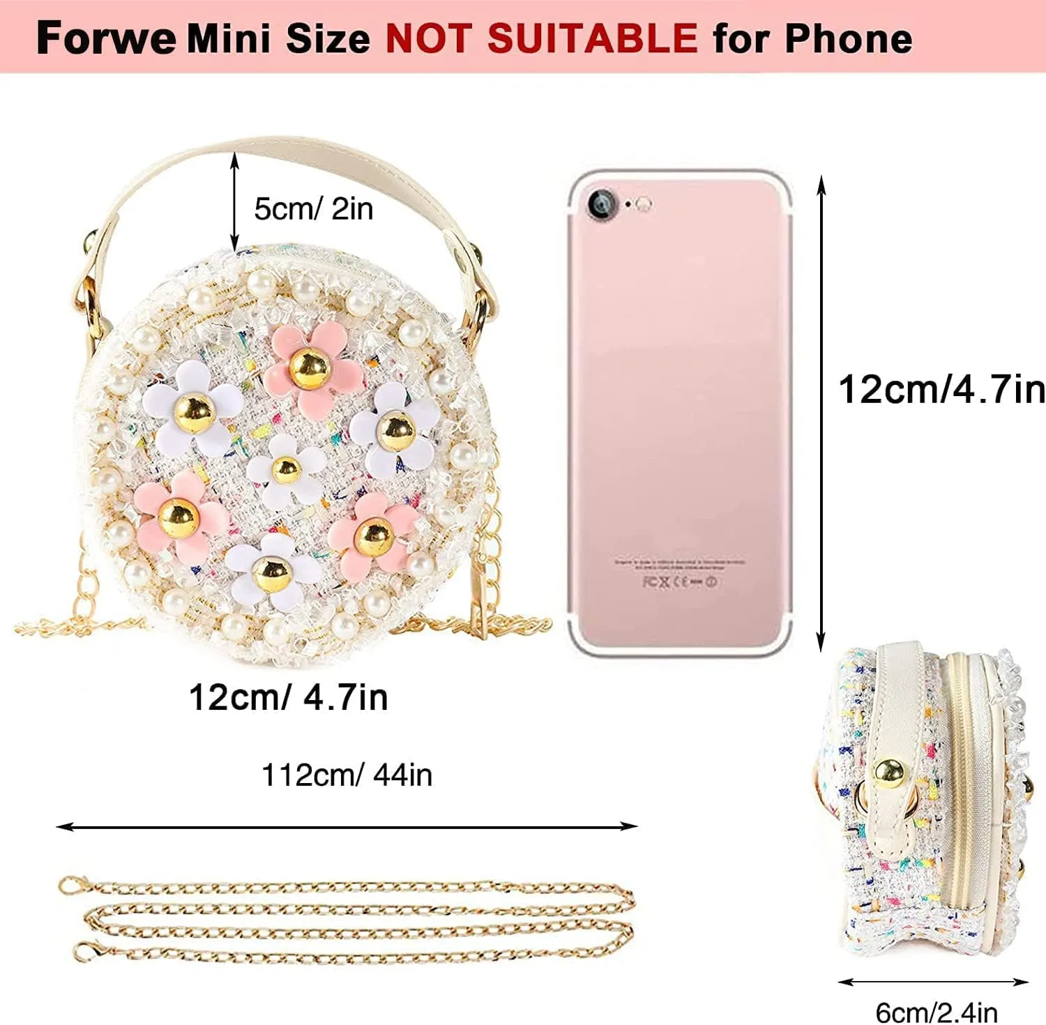Forwe Little Girls Toddler Crossbody Purse with Pearl Flowers Mini Cute Princess Handbags Shoulder Chain Bag