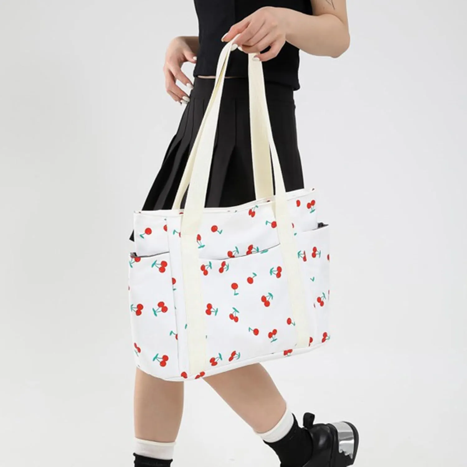FOTN Cherry Tote Bag for Women, Everyday Work Tote,Large CanvasTote Purse with Multiple Pockets for Travel Daily Use