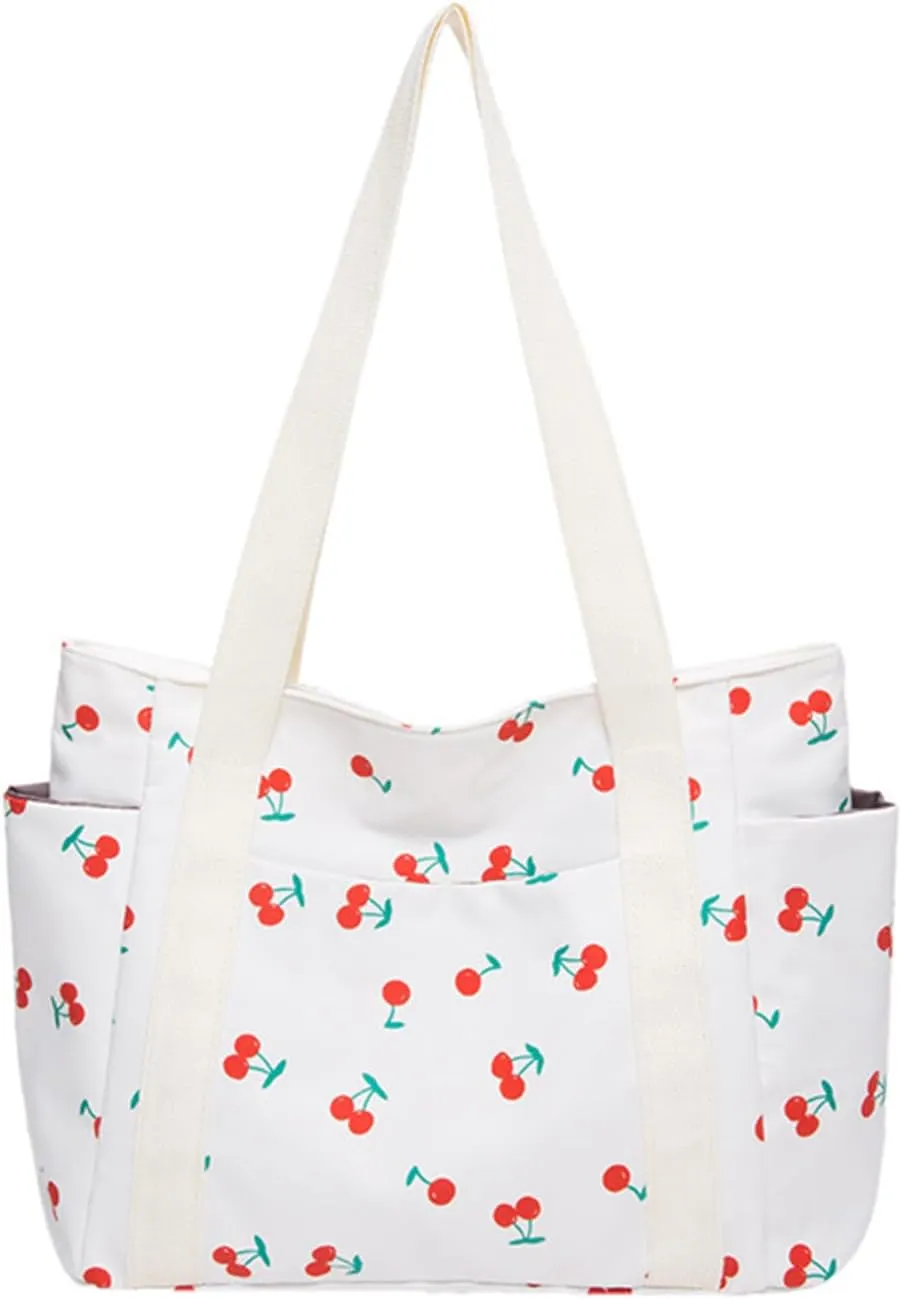 FOTN Cherry Tote Bag for Women, Everyday Work Tote,Large CanvasTote Purse with Multiple Pockets for Travel Daily Use
