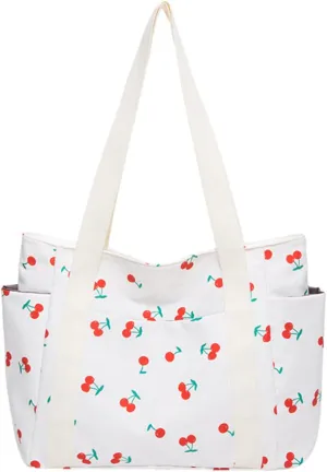 FOTN Cherry Tote Bag for Women, Everyday Work Tote,Large CanvasTote Purse with Multiple Pockets for Travel Daily Use