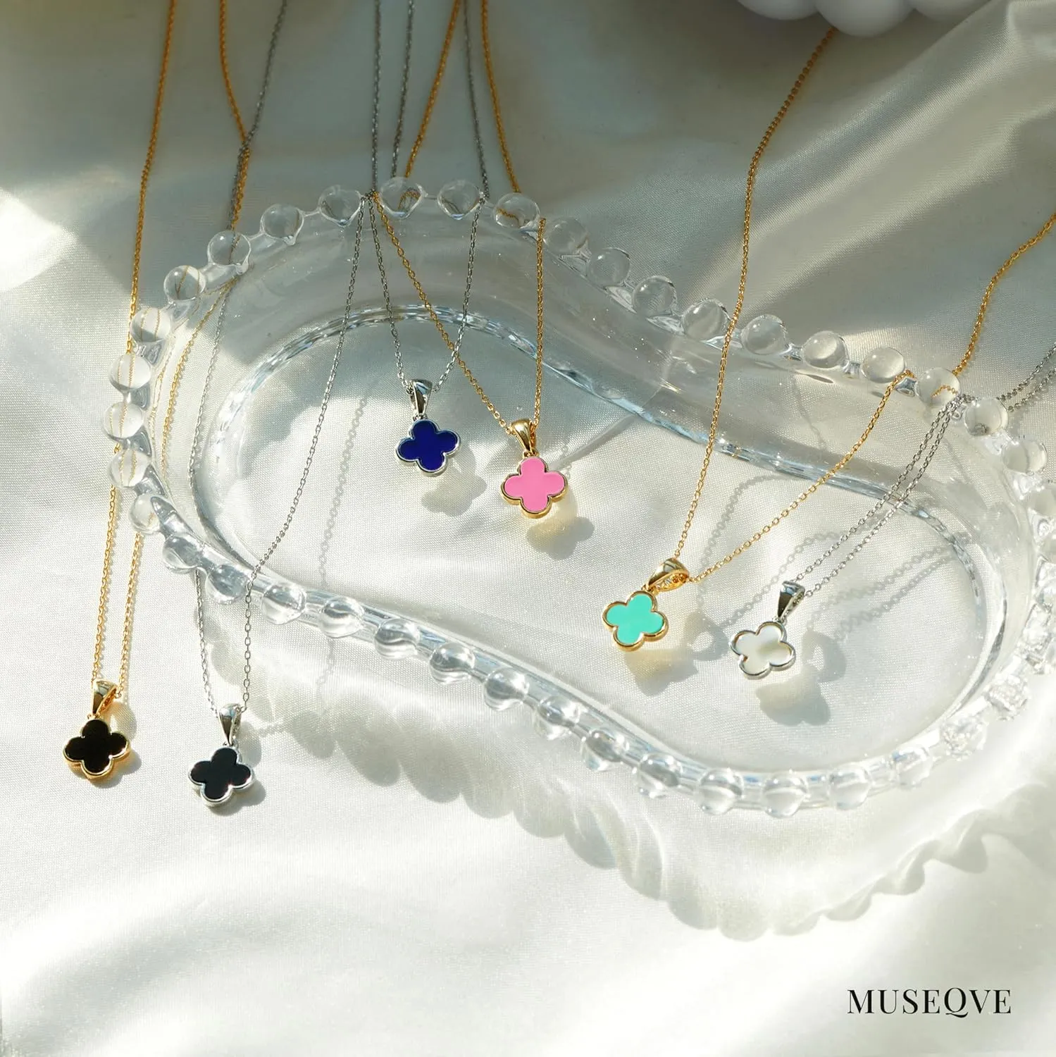 Four Leaf Clover Necklace for Women Dainty Mother of Pearl White Black Onyx Pink Blue Mint Green Crystal Lucky Clover Pendant 14K Gold Plated Jewelry Gifts [CVRN]
