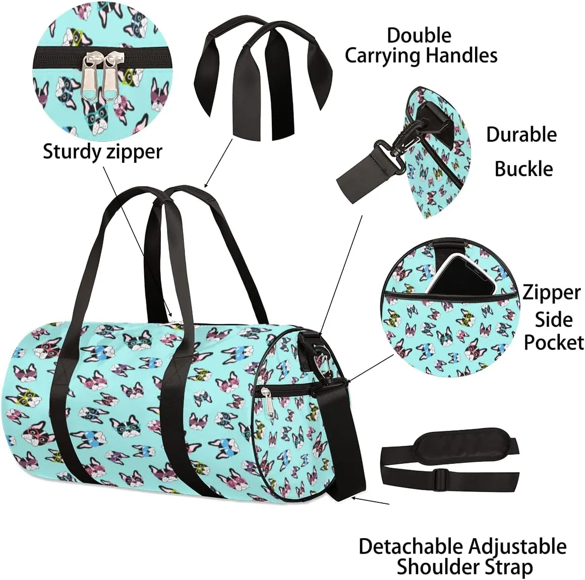 French Bulldogs Funny Gym Bag Small Gym Duffel Bags for Men Women Blue Overnight Weekender Bag Lightweight Sport Duffle Bag Carry On Gymbag