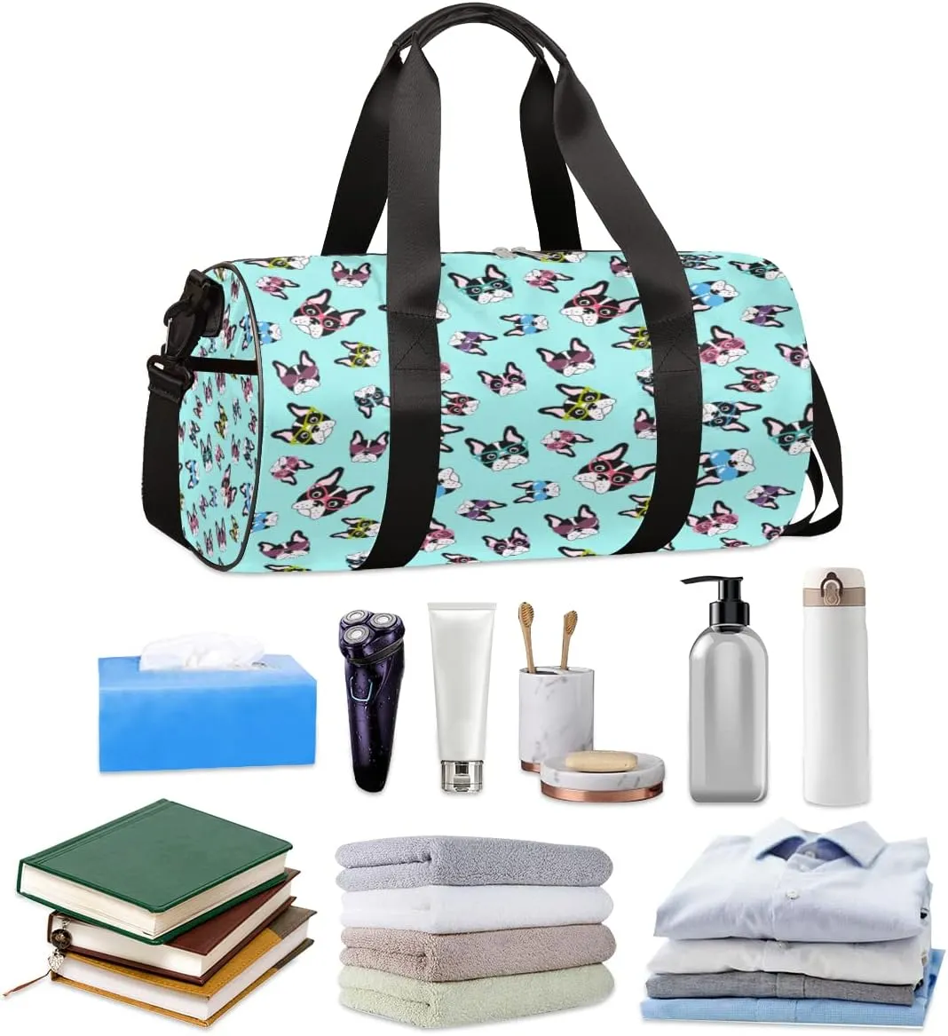 French Bulldogs Funny Gym Bag Small Gym Duffel Bags for Men Women Blue Overnight Weekender Bag Lightweight Sport Duffle Bag Carry On Gymbag