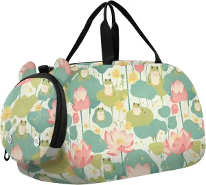 Fresh Spring Cute Frogs flower Girl's Gym Duffel Bag with Shoes Compartment Multifunctional Overnight Weekender Carry On Travel Bag for Travel, Sports, Fitness & Workout