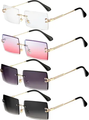 Frienda 4 Pairs Rimless Rectangle Sunglasses Frameless Square Glasses Vintage Transparent Eyewear for Women Men