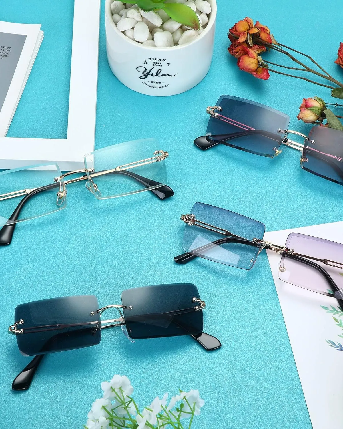 Frienda 4 Pairs Rimless Rectangle Sunglasses Frameless Square Glasses Vintage Transparent Eyewear for Women Men