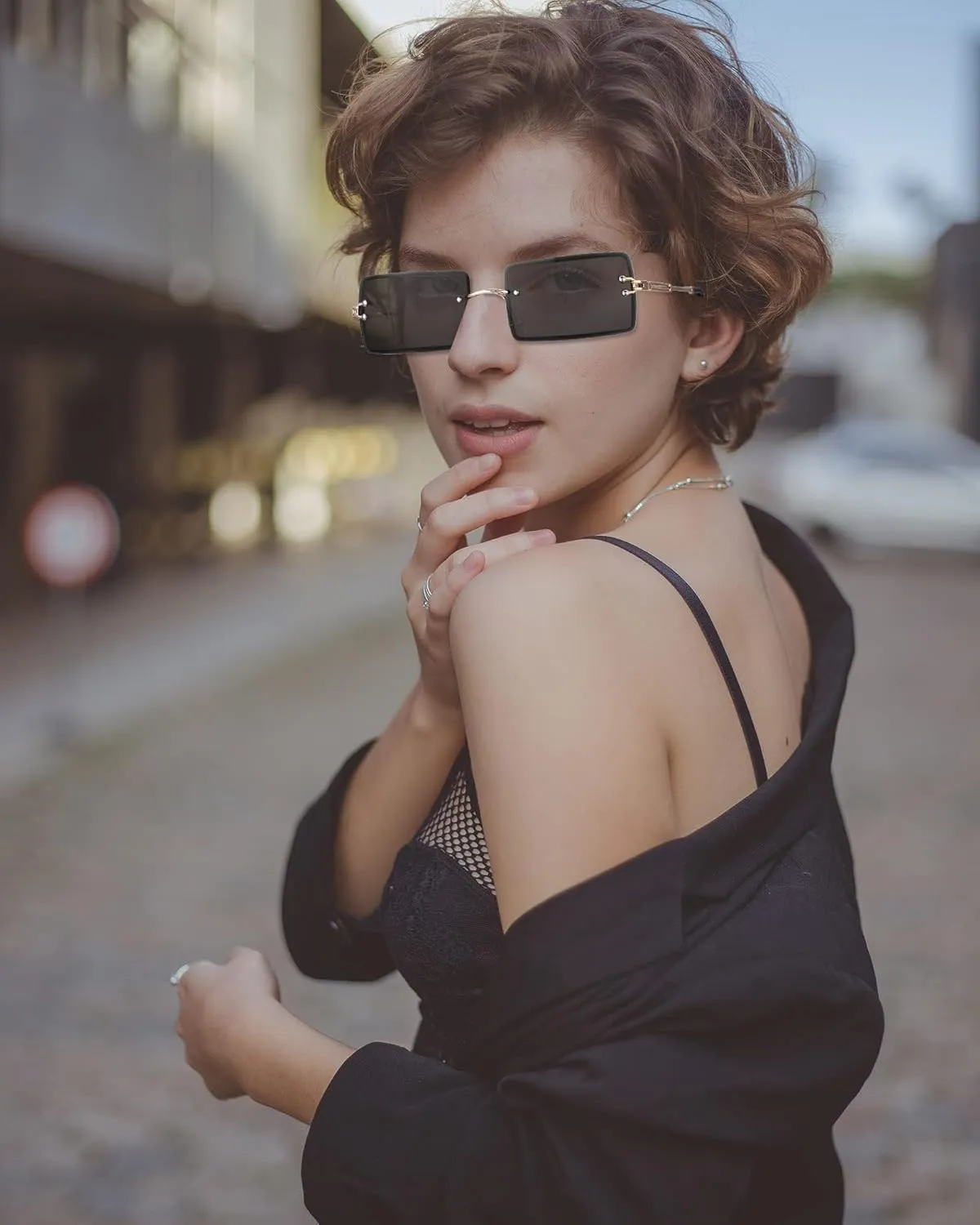 Frienda 4 Pairs Rimless Rectangle Sunglasses Frameless Square Glasses Vintage Transparent Eyewear for Women Men