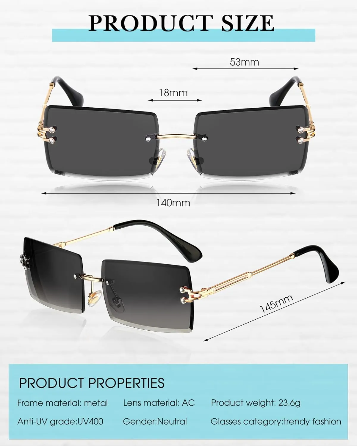 Frienda 4 Pairs Rimless Rectangle Sunglasses Frameless Square Glasses Vintage Transparent Eyewear for Women Men