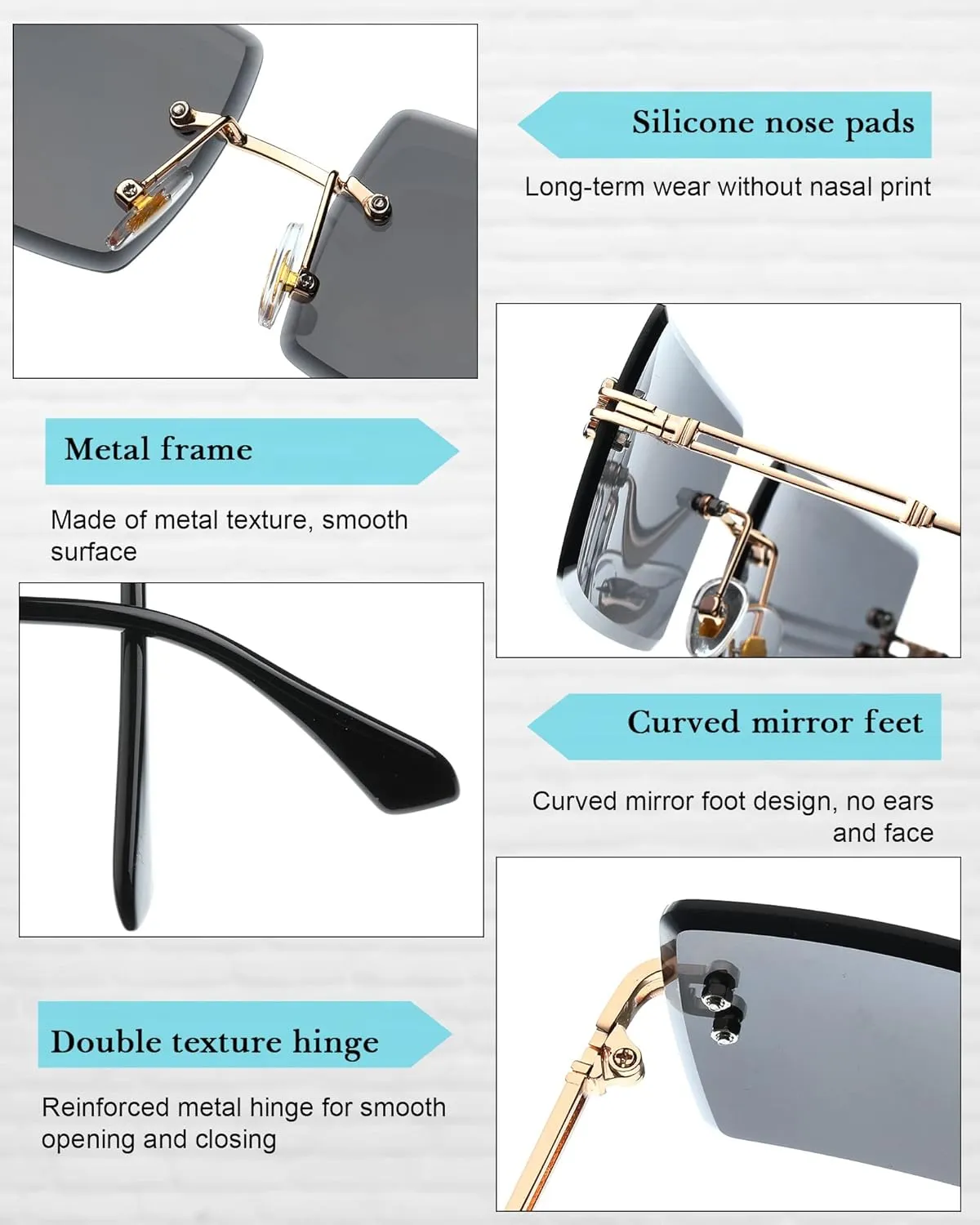 Frienda 4 Pairs Rimless Rectangle Sunglasses Frameless Square Glasses Vintage Transparent Eyewear for Women Men