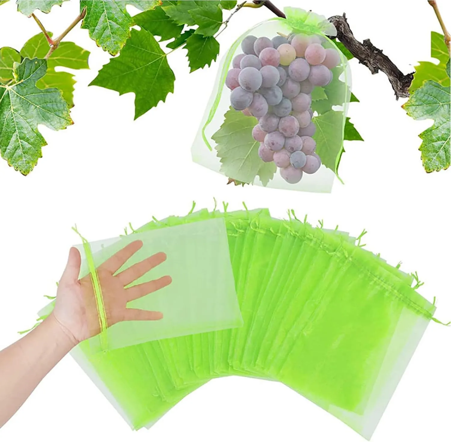 Fruit Protection Bags,100pcs Green Organza Bags for Fruits,Mesh Bags to Protect Vegetables,Garden Mesh Produce Bags, Fruit Netting Bags for Strawberry, Mango, Apple, Tomato (6"x8"/Pack of 100)