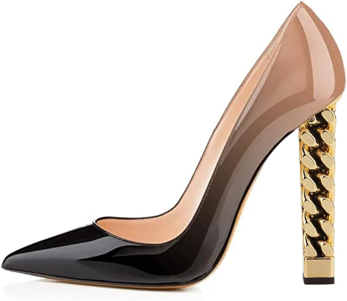 FSJ Women Gold Metal Chain Chunky High Heel Pointed Toe Slip On Fashion Party Prom Pumps Prom Shoes Size 4-15 US