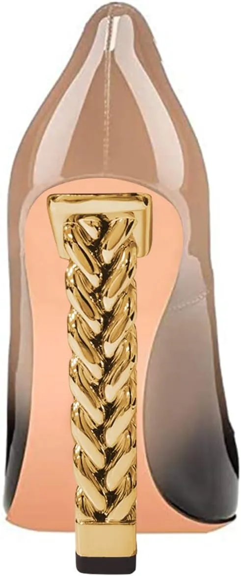 FSJ Women Gold Metal Chain Chunky High Heel Pointed Toe Slip On Fashion Party Prom Pumps Prom Shoes Size 4-15 US