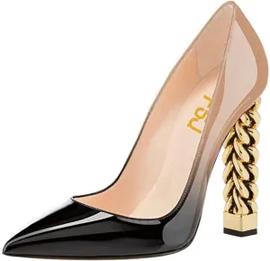 FSJ Women Gold Metal Chain Chunky High Heel Pointed Toe Slip On Fashion Party Prom Pumps Prom Shoes Size 4-15 US