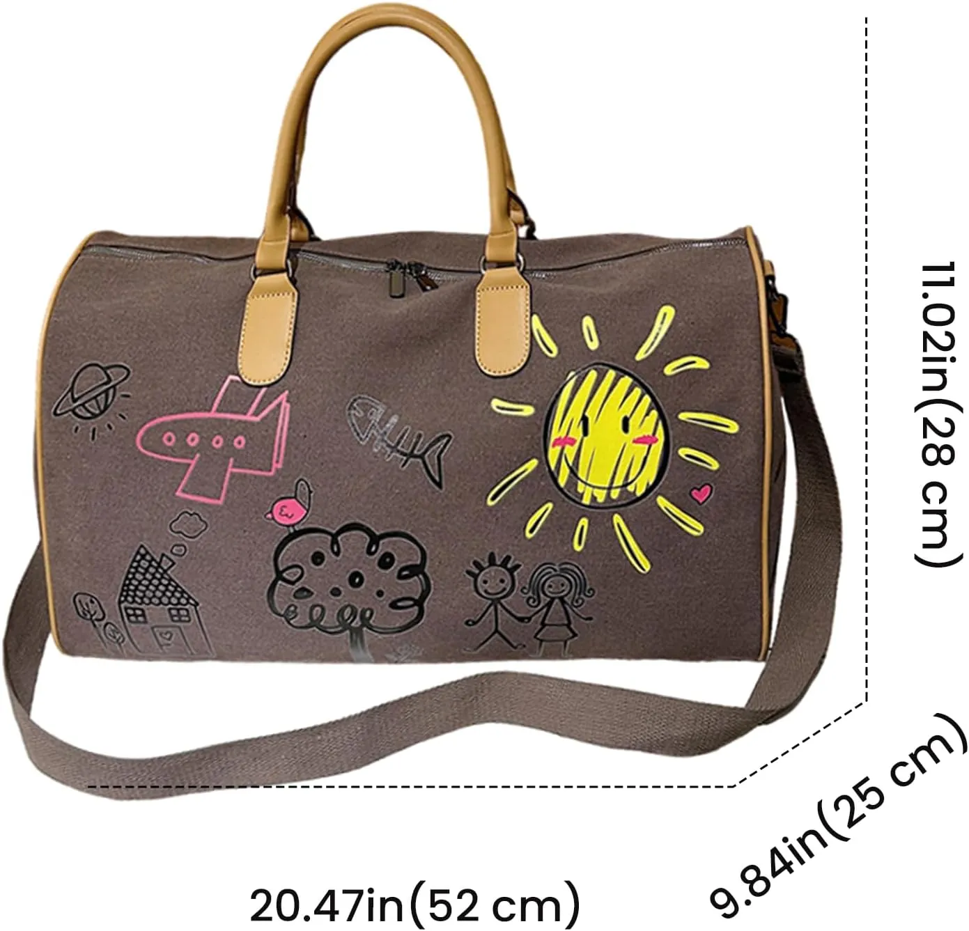 FUNSEED Cute Graffiti Outdoor Travel Bag for Women Men, Storage Bag Large Capacity Leisure Canvas Handbag Luggage Bag Gym Bag (Coffee)