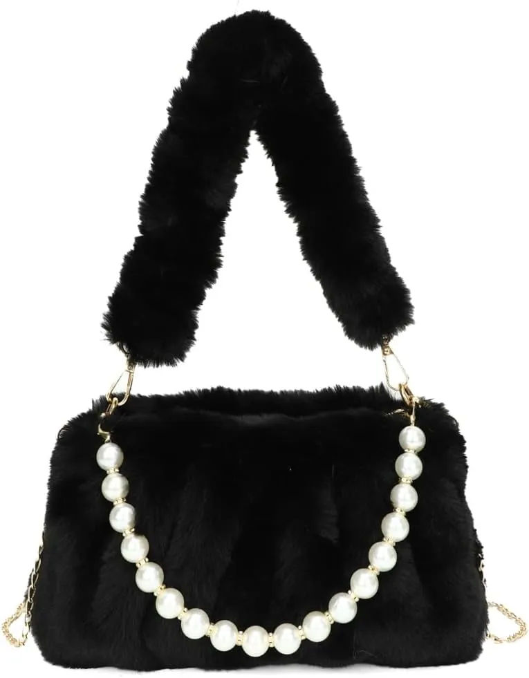 Furry Shoulder Crossbody Bag for Women Fuzzy Faux Fur Hobo Tote Handbag Plush Handbag Pearl Chain Armpit Purse