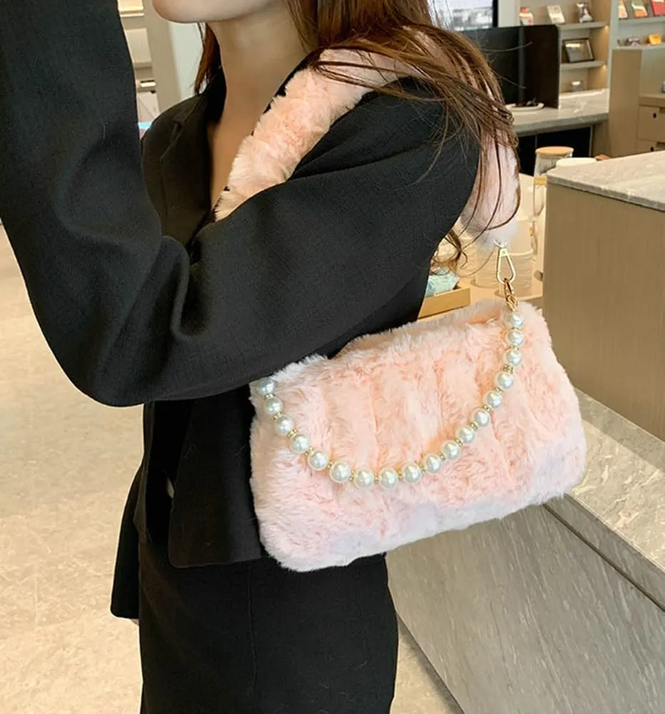 Furry Shoulder Crossbody Bag for Women Fuzzy Faux Fur Hobo Tote Handbag Plush Handbag Pearl Chain Armpit Purse