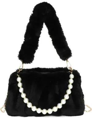 Furry Shoulder Crossbody Bag for Women Fuzzy Faux Fur Hobo Tote Handbag Plush Handbag Pearl Chain Armpit Purse