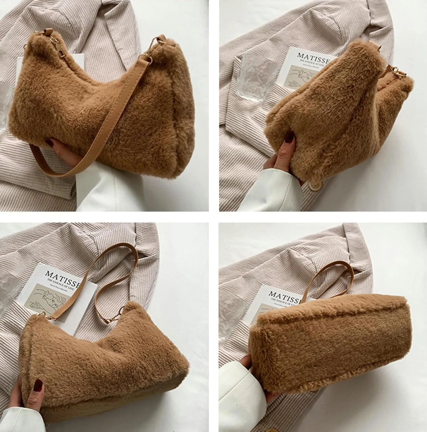 Fuzzy Plush Handbag Women 2024 Fall Winter Fashion Stylish Shoulder Bag PU Strap Smooth Zip Cozy Fur
