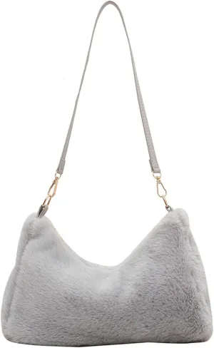 Fuzzy Plush Handbag Women 2024 Fall Winter Fashion Stylish Shoulder Bag PU Strap Smooth Zip Cozy Fur