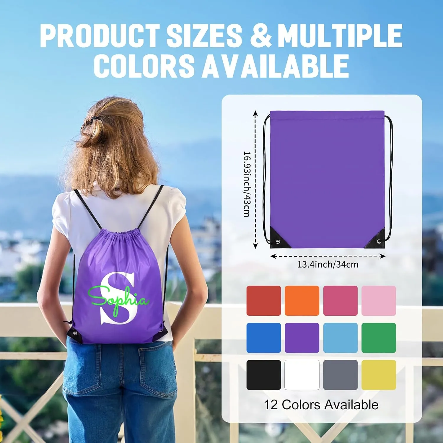Fyore Custom Drawstring Backpacks, 50 Pack Personalized Drawstring Sports Bags with Your Initials Name for Gym Beach Climb Trips Party Events- 13.4x17Inch,12 Colors