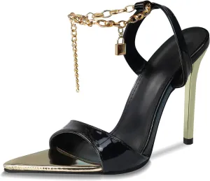GATUXUS Women's Stilettos High Heels Sandals Metal Chain Ankle Strap Classic Pointed Toe Dress Sandals Shoes (Black, US 6)