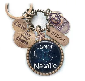 Gemini Constellation Backpack-Purse Clip, Key Chain or Necklace, Custom Name, Late May or June Birthday, Live Your Dream, Inspire, Zodiac, Astrology, Birth Sign Gift
