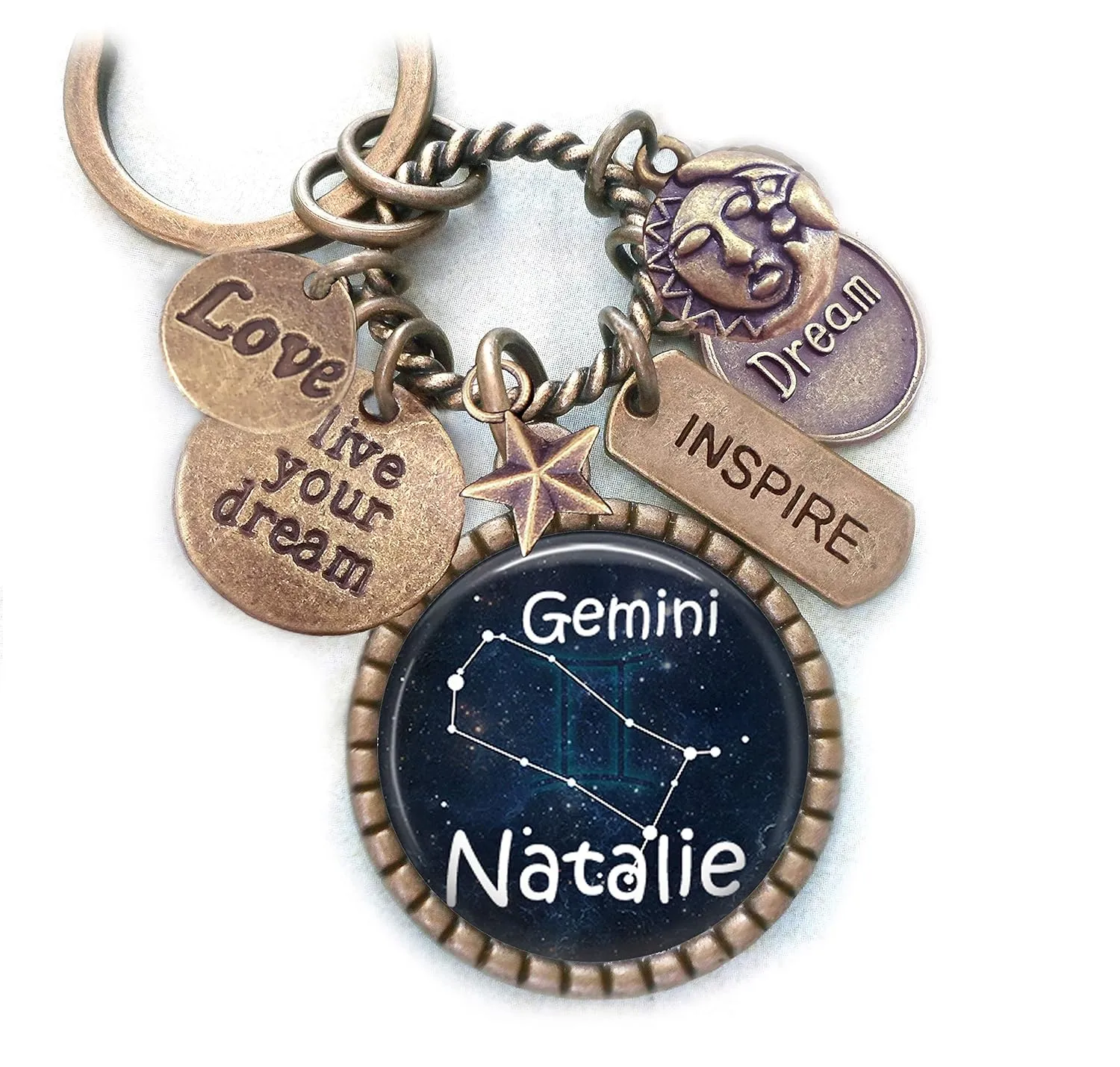 Gemini Constellation Backpack-Purse Clip, Key Chain or Necklace, Custom Name, Late May or June Birthday, Live Your Dream, Inspire, Zodiac, Astrology, Birth Sign Gift