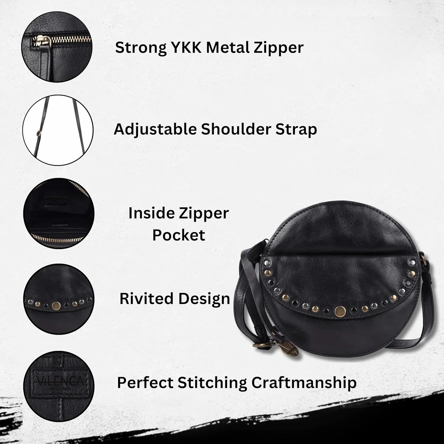 Genuine Italian Leather Boho Studded Round Crossbody Sling Bag - Stylish, Durable, & Perfect for Everyday Use for women