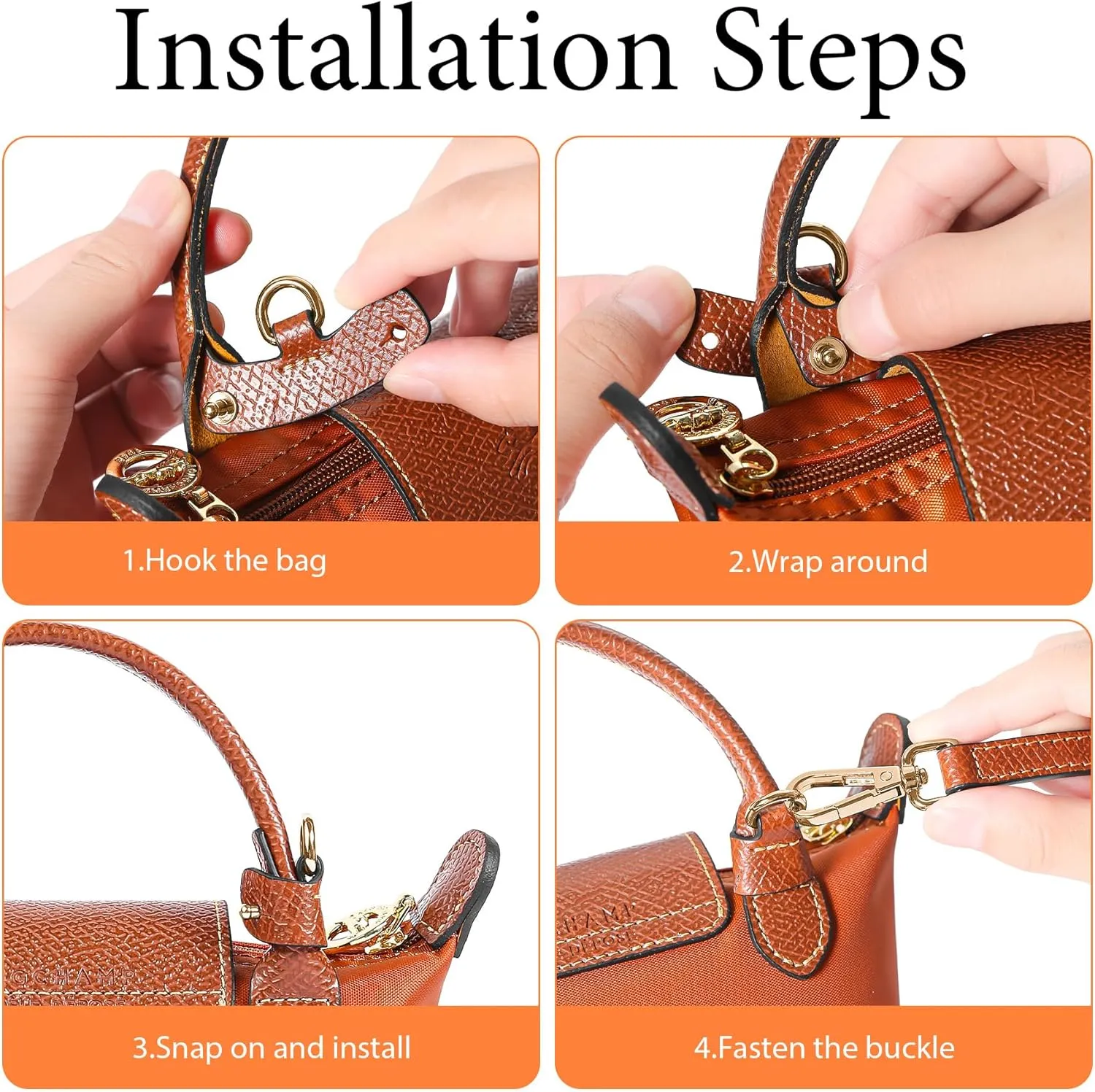 Genuine Leather Bag Strap for Longchamp Mini Pouch, Brown Adjustable Purse Strap Replacement for Women Bag