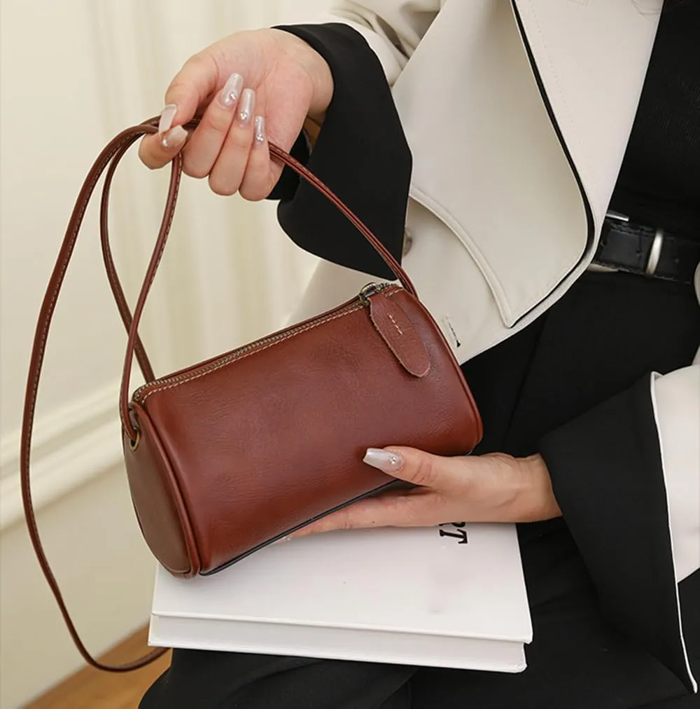 Genuine Leather Cylinder Crossbody Bag for Women | Small Barrel Purse | Vegan Leather Shoulder Bag | Casual Wallet (Green)