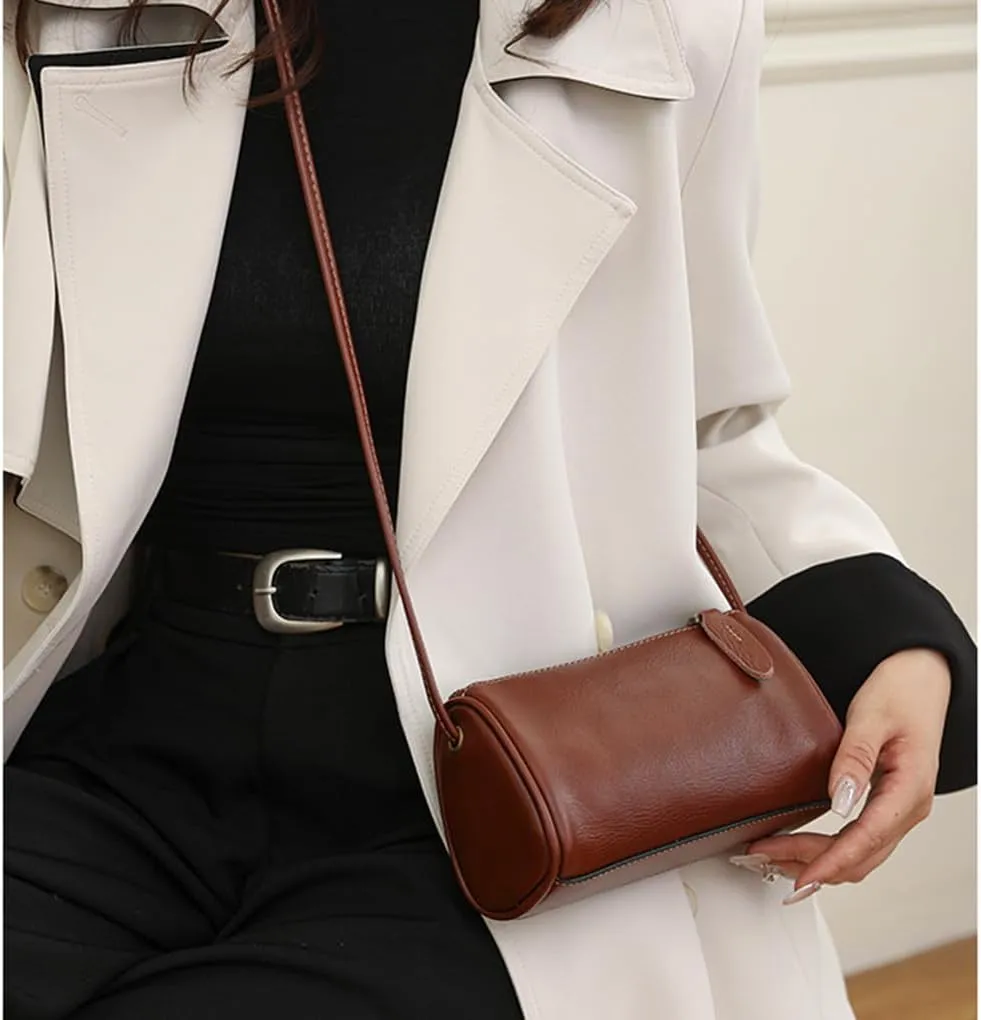 Genuine Leather Cylinder Crossbody Bag for Women | Small Barrel Purse | Vegan Leather Shoulder Bag | Casual Wallet (Green)