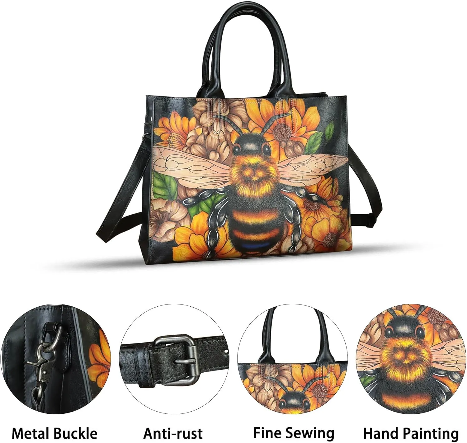 Genuine Leather Handbag Satchel for Women Hand Painted Handmade Work Tote Bag Crossbody Shoulder Purse