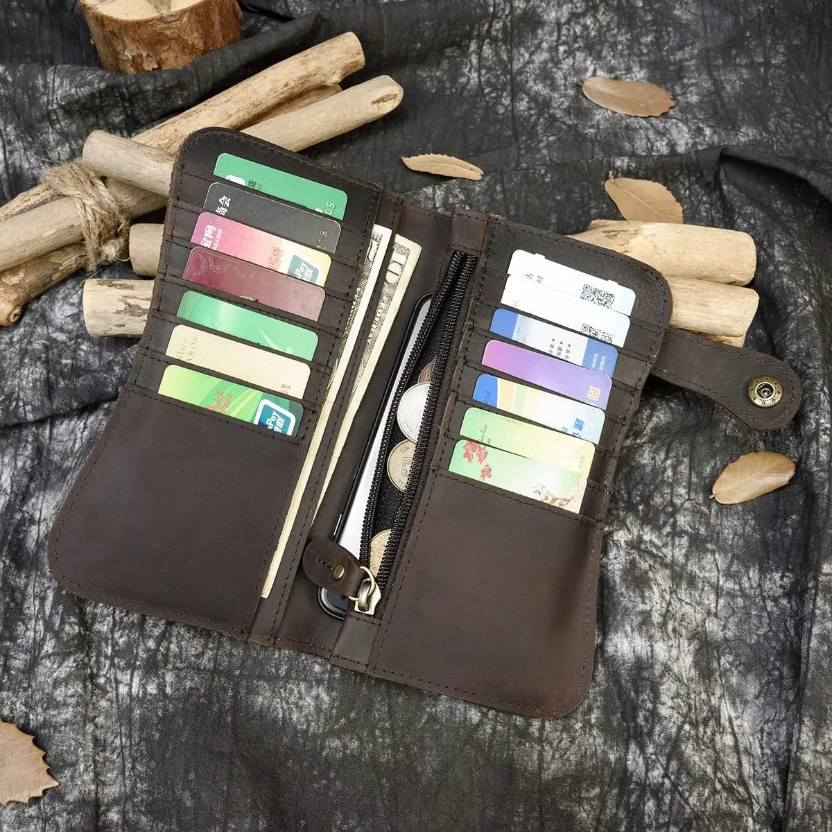 Genuine Leather Long Wallet for Men, Large Capacity Purse Clutch Bag Handbag Checkbook Cash Credit Cards Phone Holder