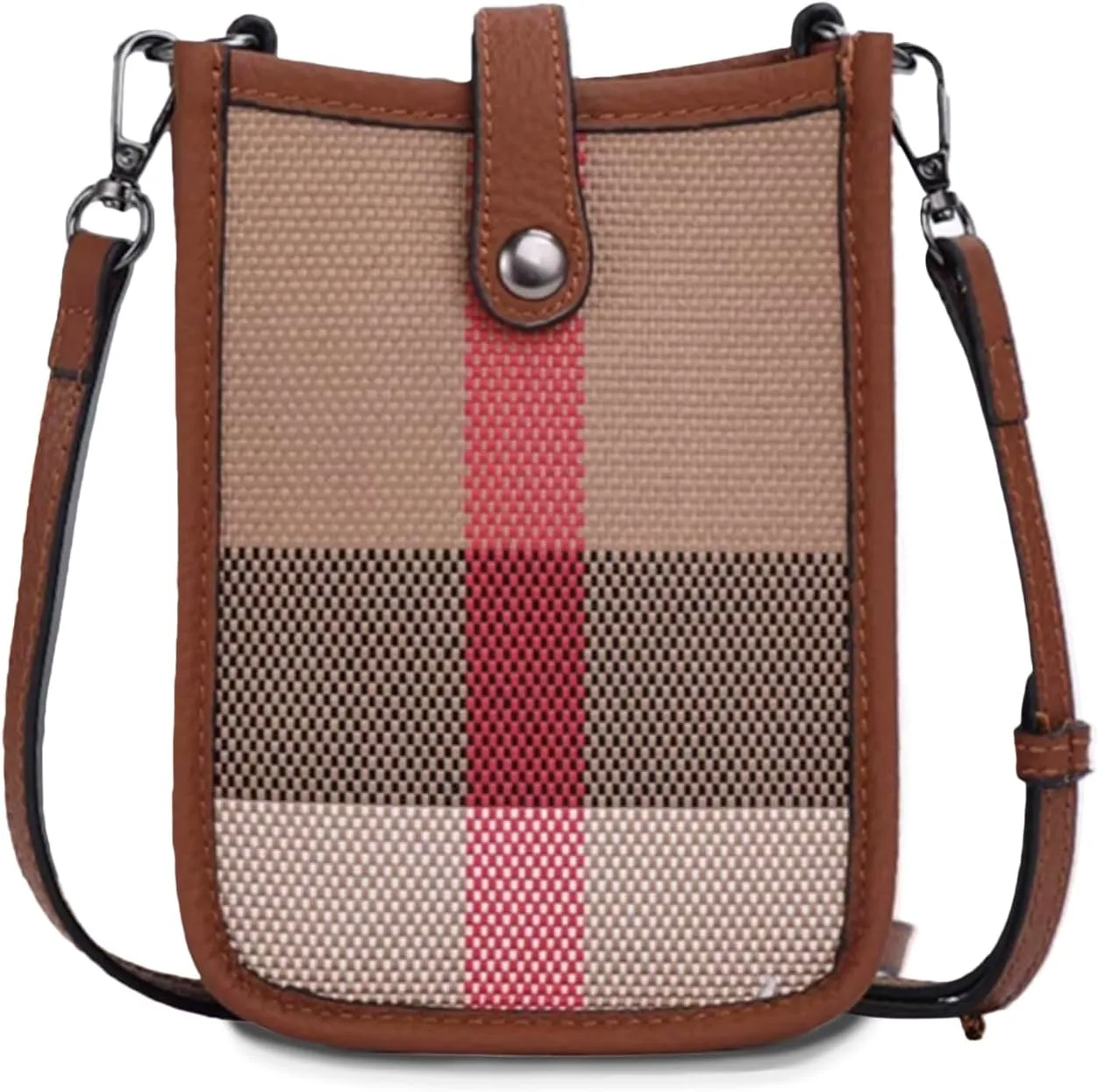 Genuine Leather Plaid Canvas Crossbody Bag, Small