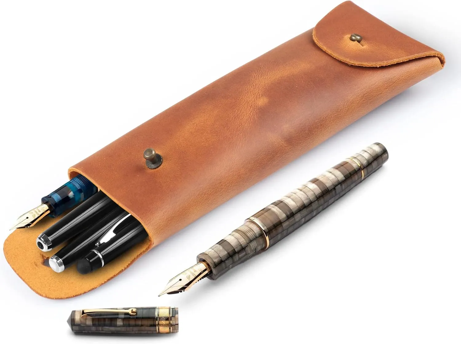 Genuine Leather Retro Pen and Pencil Case - Metal Snap Fastener, Pencil Pouch Stationery Bag