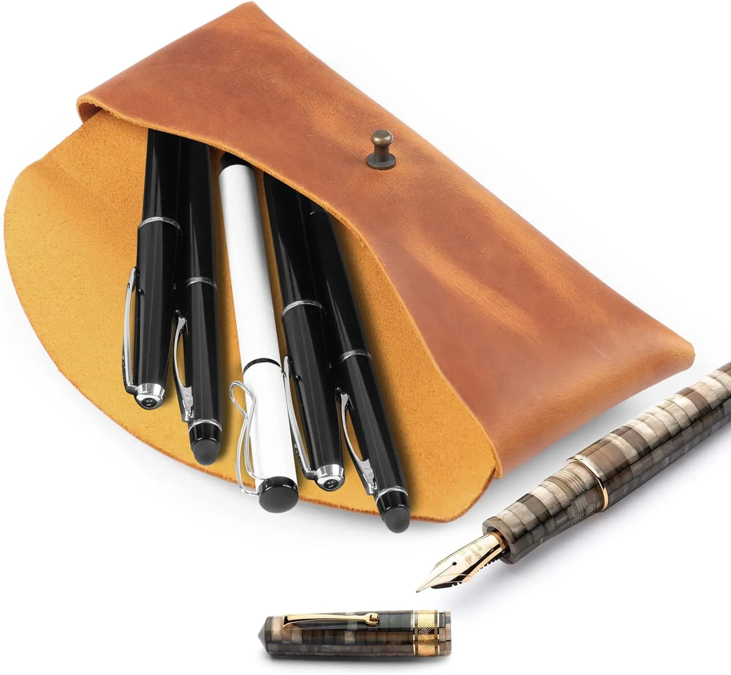Genuine Leather Retro Pen and Pencil Case - Metal Snap Fastener, Pencil Pouch Stationery Bag