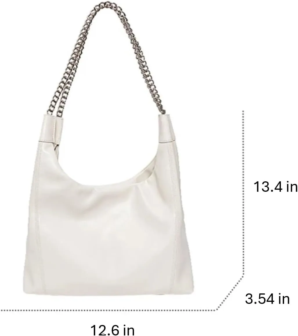 Genuine Real Leather Fashion Hobo Satchel Bag for Women; Luxury Shoulder Handbag with Metal Chain Shoulder Strap