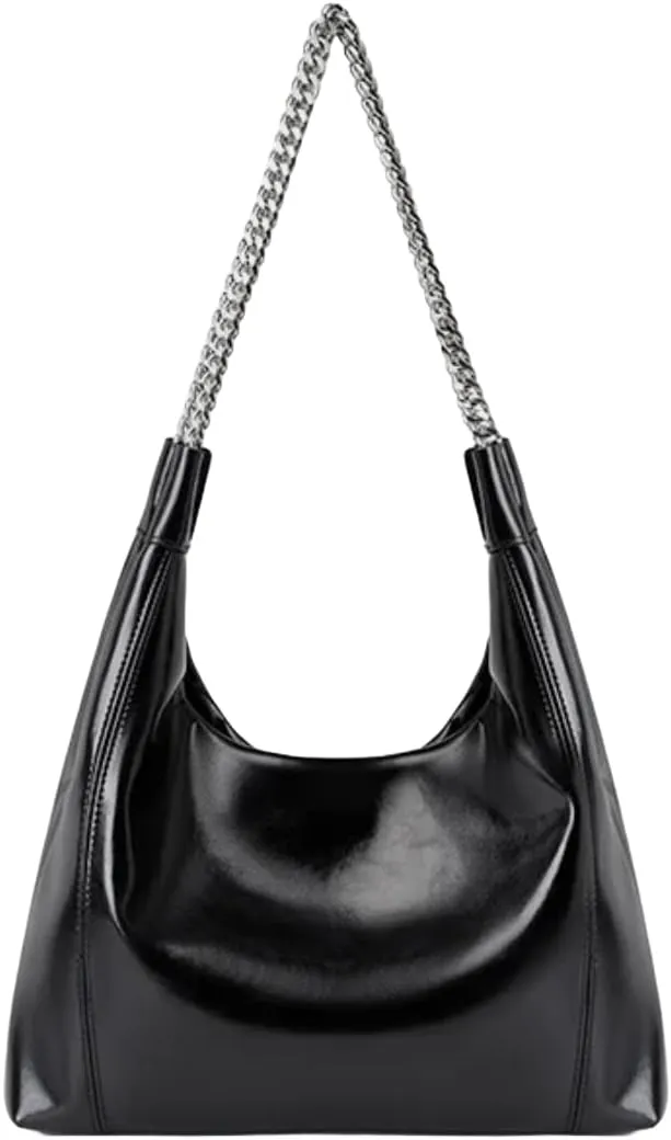 Genuine Real Leather Fashion Hobo Satchel Bag for Women; Luxury Shoulder Handbag with Metal Chain Shoulder Strap