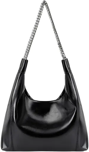 Genuine Real Leather Fashion Hobo Satchel Bag for Women; Luxury Shoulder Handbag with Metal Chain Shoulder Strap