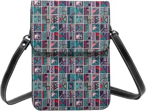 geometrical hand drawn decorative Vintage Crossbody Cell Phone Purse for Women Girls Leather Mini Cross Body Bags Small Shoulder Bags