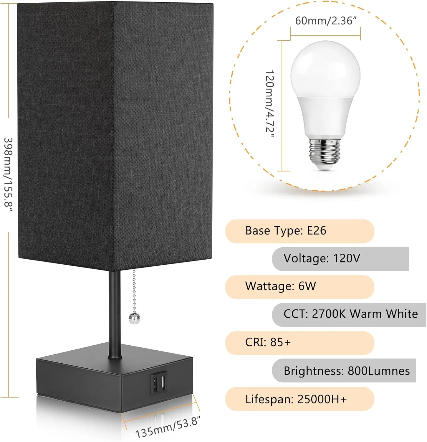 GGOYING USB Bedside Table Lamp, Pull Chain Nightstand Table Lamp with 2700K LED Bulb, Black Fabric Linen Lampshade, USB C A Charging Ports for Living Room Bedroom Office