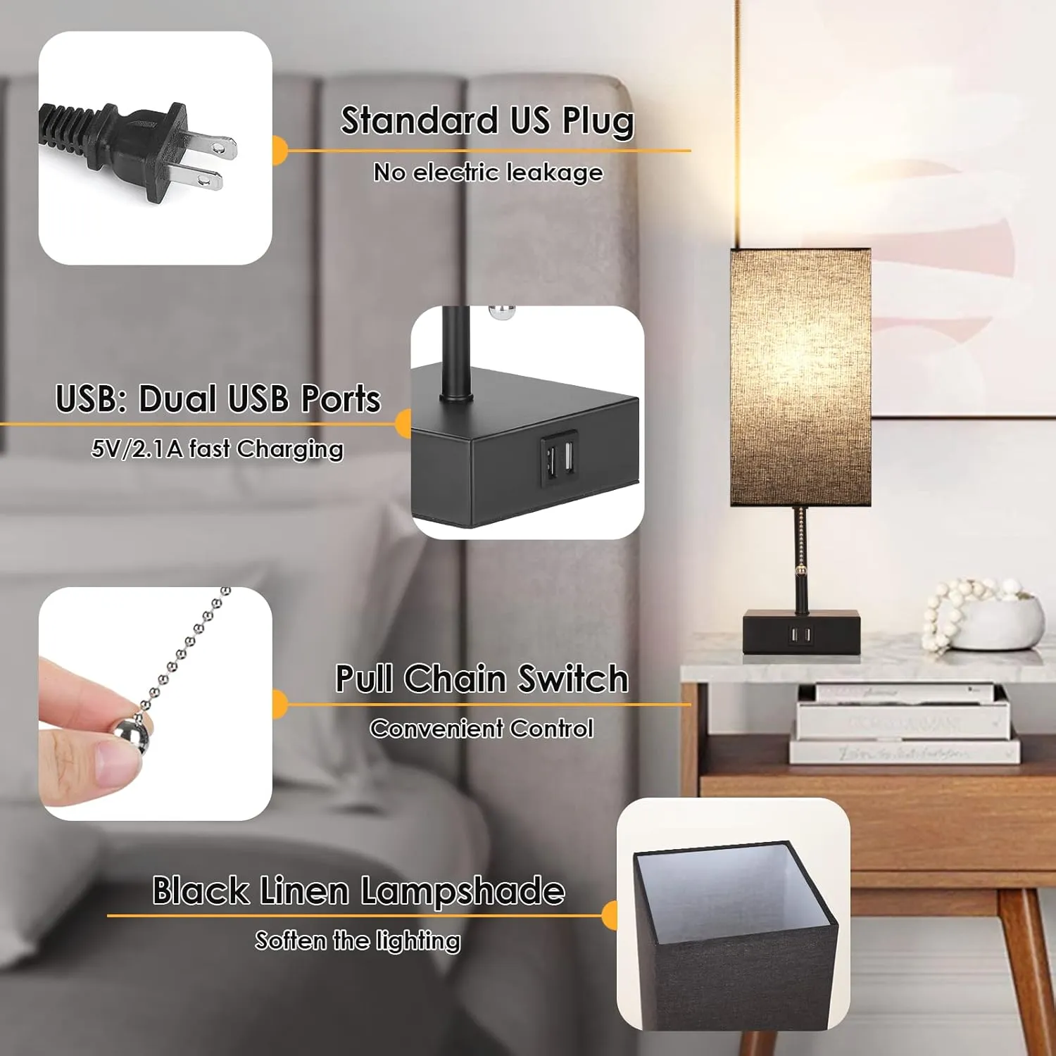 GGOYING USB Bedside Table Lamp, Pull Chain Nightstand Table Lamp with 2700K LED Bulb, Black Fabric Linen Lampshade, USB C A Charging Ports for Living Room Bedroom Office