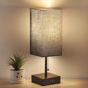 GGOYING USB Bedside Table Lamp, Pull Chain Nightstand Table Lamp with 2700K LED Bulb, Black Fabric Linen Lampshade, USB C A Charging Ports for Living Room Bedroom Office