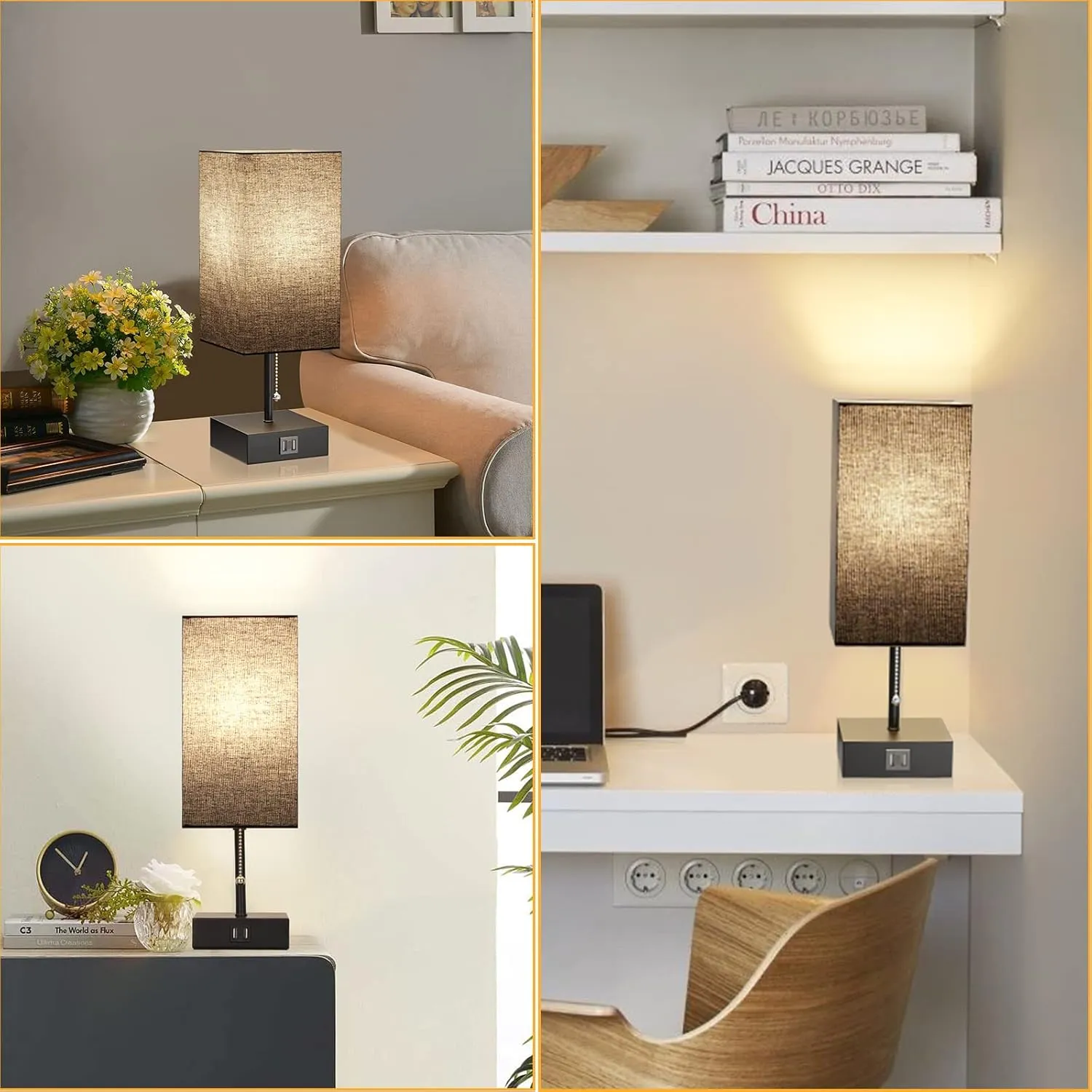GGOYING USB Bedside Table Lamp, Pull Chain Nightstand Table Lamp with 2700K LED Bulb, Black Fabric Linen Lampshade, USB C A Charging Ports for Living Room Bedroom Office