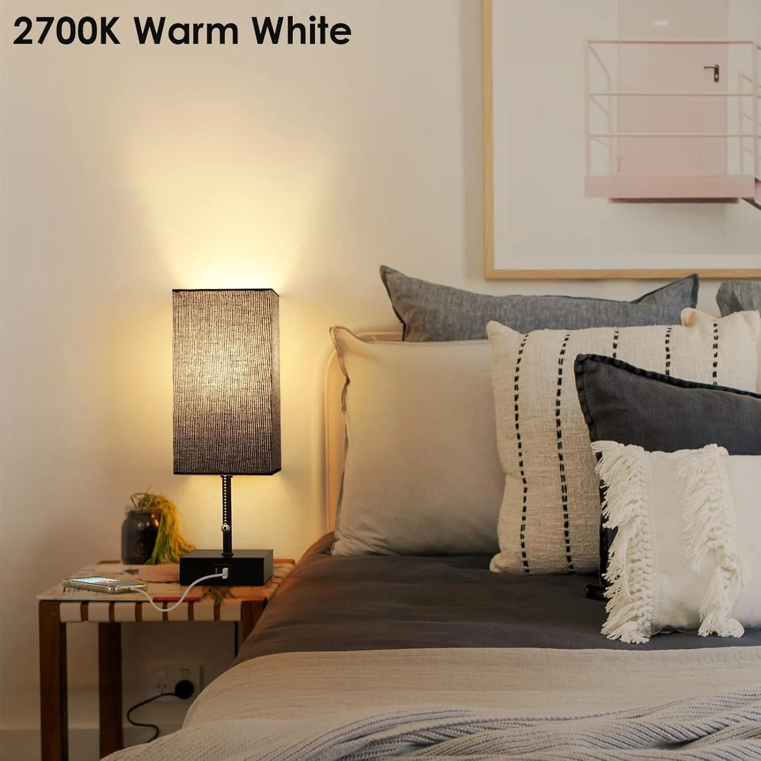 GGOYING USB Bedside Table Lamp, Pull Chain Nightstand Table Lamp with 2700K LED Bulb, Black Fabric Linen Lampshade, USB C A Charging Ports for Living Room Bedroom Office