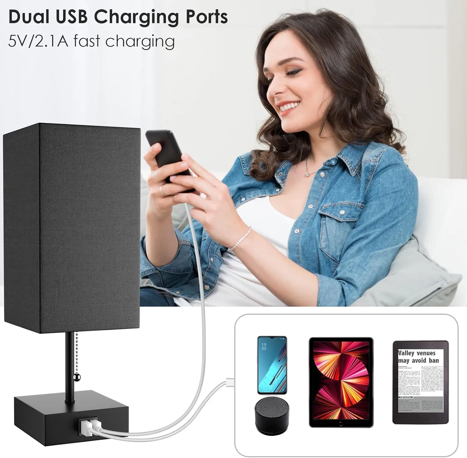GGOYING USB Bedside Table Lamp, Pull Chain Nightstand Table Lamp with 2700K LED Bulb, Black Fabric Linen Lampshade, USB C A Charging Ports for Living Room Bedroom Office